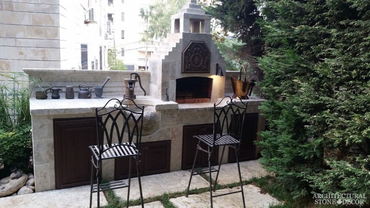 alfresco outdoor kitchen mediterranean sink pizza oven barbecue Reclaimed Natural Limestone stone hand carved landscape ideas outdoor design eco-friendly sustainable recycled re-modeled re-used Canada