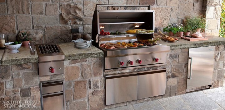 alfresco outdoor kitchen modern neolithic style countertop Reclaimed Natural Limestone stone hand carved landscape ideas outdoor design eco-friendly sustainable recycled re-modeled re-used canada