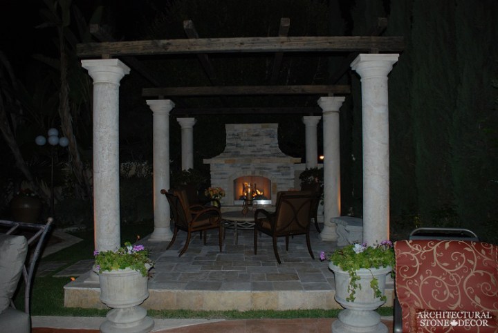 terrace salvaged antique reclaimed limestone natural stone old rustic columns hand carved pergola landscape ideas outdoor design eco-friendly sustainable recycled re-modeled re-used Canada