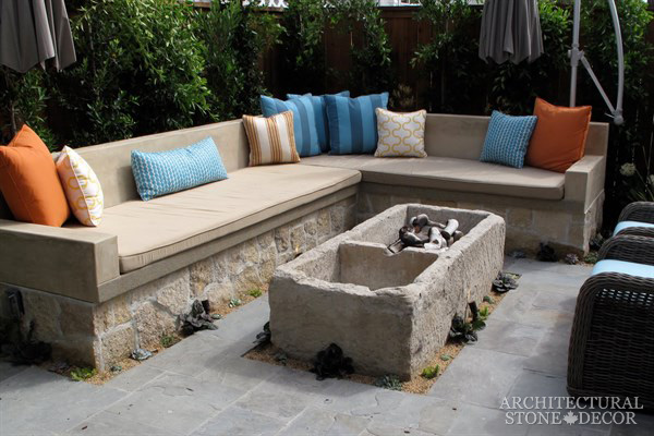 Reclaimed Natural Limestone stone salvaged rectangluar Fire pit landscape ideas outdoor design eco-friendly sustainable recycled re-modeled re-used Canada