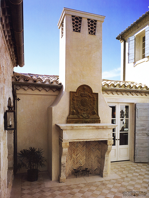 Courtyard outdoor fireplace mantel salvaged Reclaimed Natural Limestone stone landscape ideas outdoor design eco-friendly sustainable recycled re-modeled re-used canada