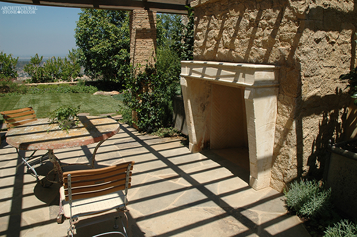 Terrace French country provence style outdoor fireplace mantel Reclaimed Natural Limestone stone landscape ideas outdoor design eco-friendly sustainable recycled re-modeled re-used canada