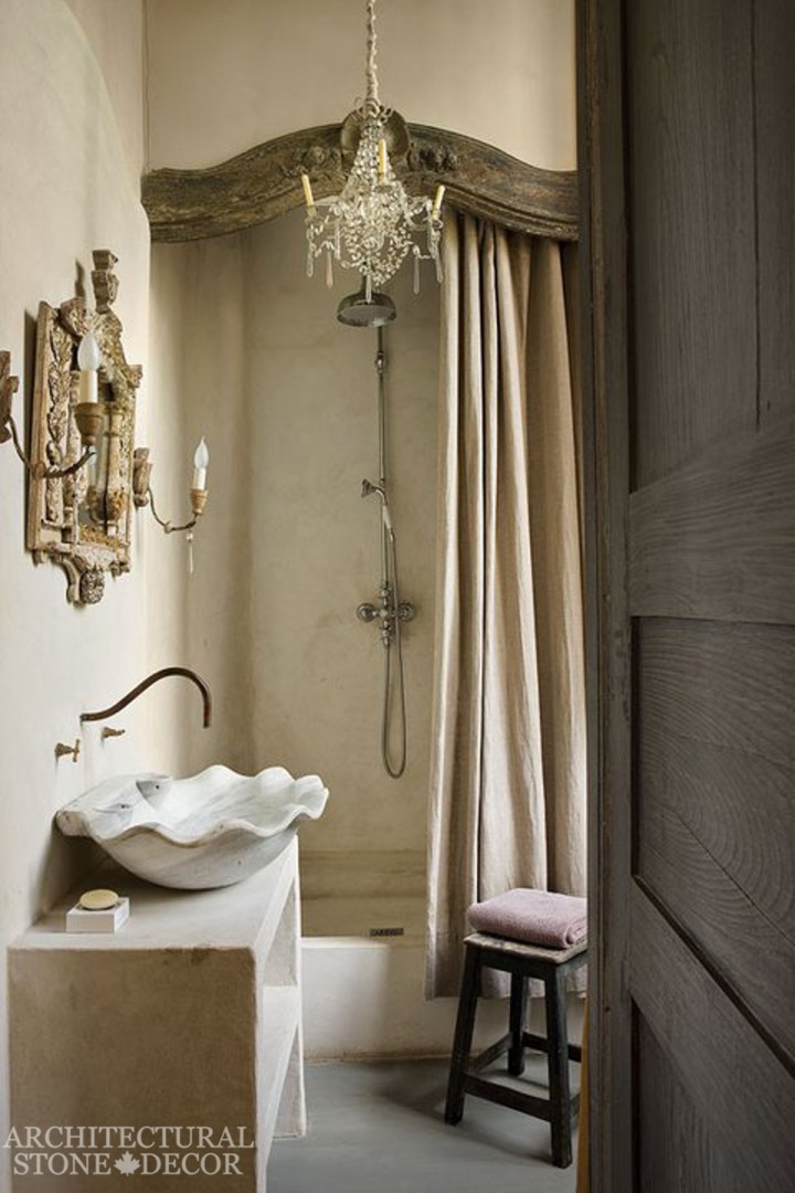 French-Country-marble-reclaimed-seashell-sink-powder-room-canada