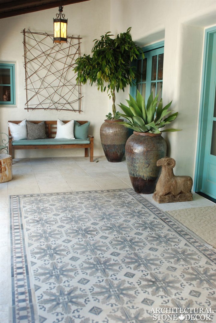 terrace salvaged antique reclaimed old rustic french colored cement tiles flooring carved landscape ideas outdoor design eco-friendly sustainable recycled re-modeled re-used Canada