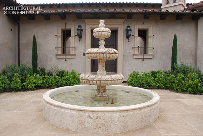 French country courtyard 3 tier pool fountain salvaged hand carved Reclaimed Natural Limestone stone landscape ideas outdoor design eco-friendly sustainable recycled re-modeled re-used canada