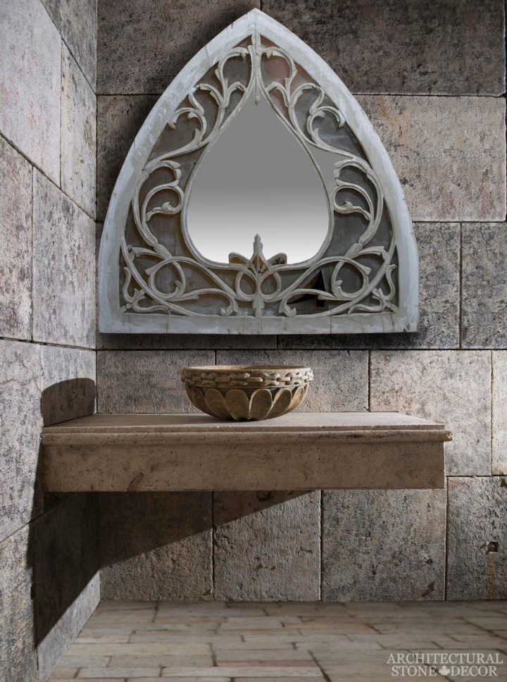 Reclaimed-hand-carved-limestone-bowl-sink-Arabesque-Mediterranean-powder-room