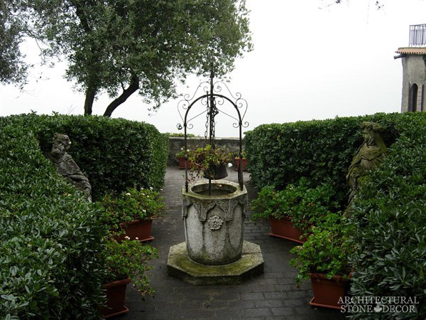 Terrace well head wishing well wrought iron salvaged Reclaimed Natural Limestone stone hand carved landscape ideas outdoor design eco-friendly sustainable recycled re-modeled re-used canada