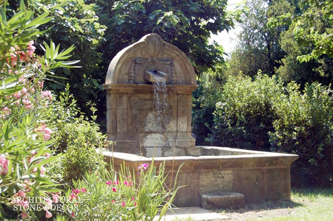 backyard limestone wall fountain Tuscan style Reclaimed Natural Limestone stone hand carved landscape ideas outdoor design eco-friendly sustainable recycled re-modeled re-used canada