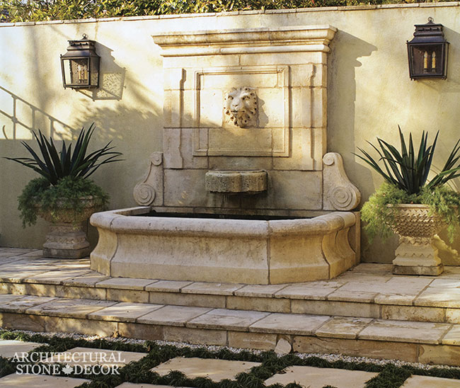 side yard Tuscan style salvaged wall fountain lion head vases stair steps Reclaimed Natural Limestone stone hand carved landscape ideas outdoor design eco-friendly sustainable recycled re-modeled re-used canada