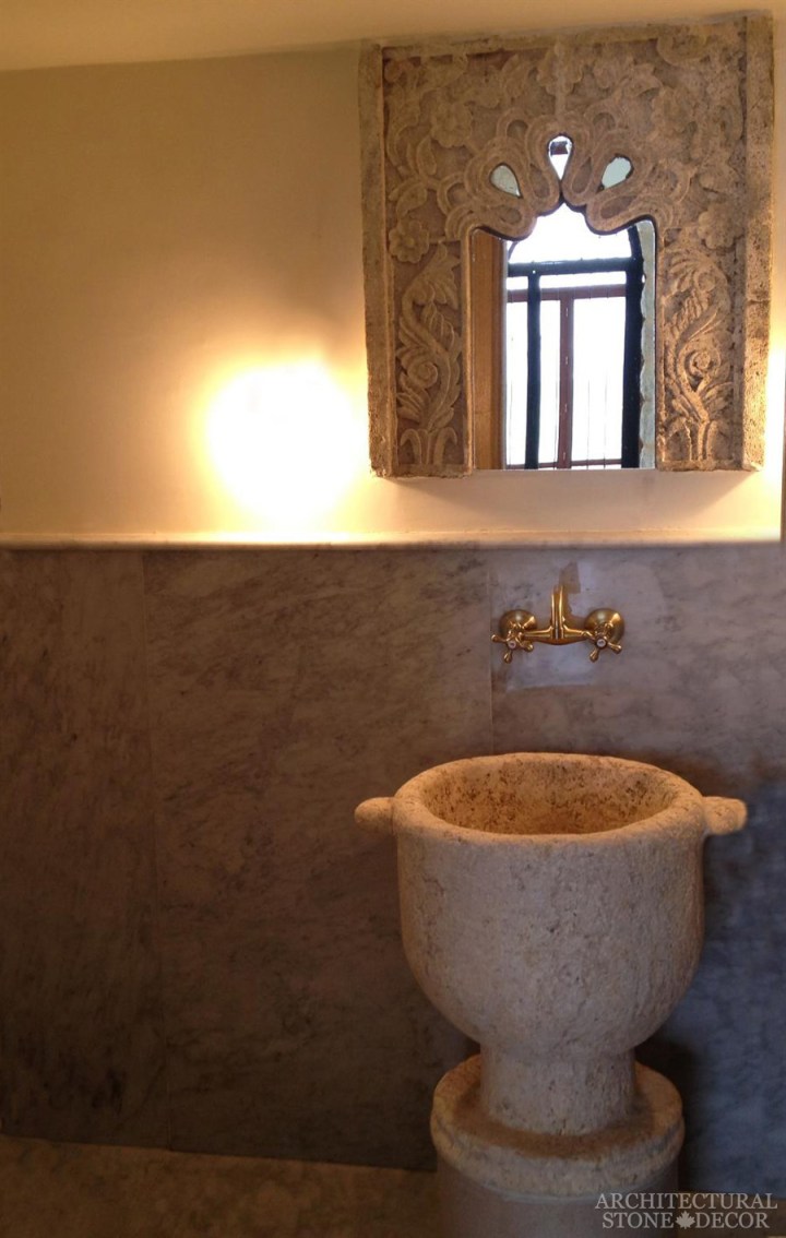 Bathroom-powder-room-reclaimed-hand-carved-Limestone-pedestal-vanity-Sink-Arabesque-stone-mirror