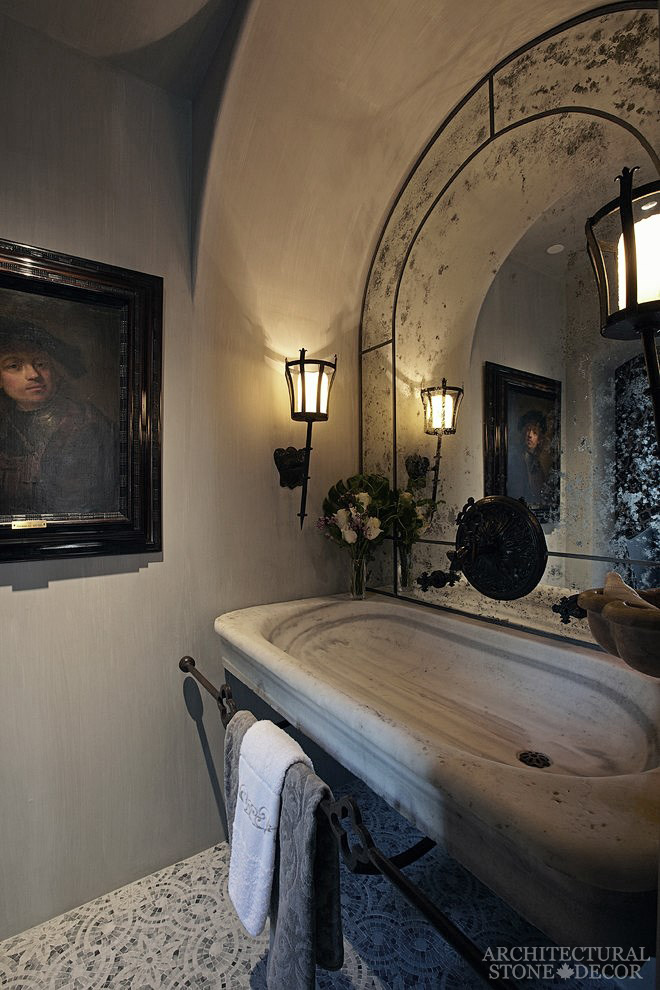 bathroom-powder-room-vanity-marble-oval-reclaimed-sink-wall-mounted-French-Provincial-Style