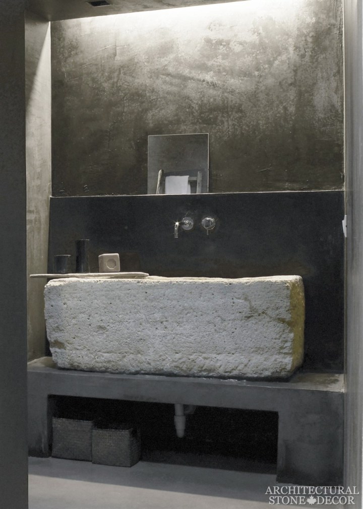 Bathroom-reclaimed-hand-carved-limestone-trough-sink-Modern-Neolithic-Industrial-style