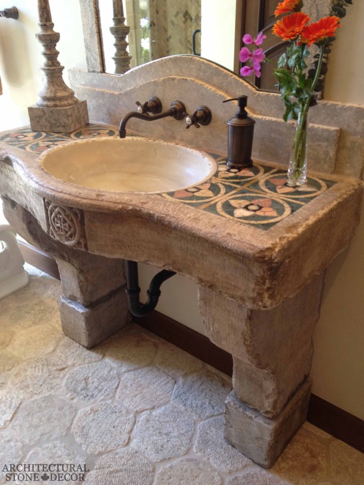 Antique-inlaid- limestone-tuscan-style-sink With Ancient-limestone Hexagon-tuscan-style- Limestone Floors