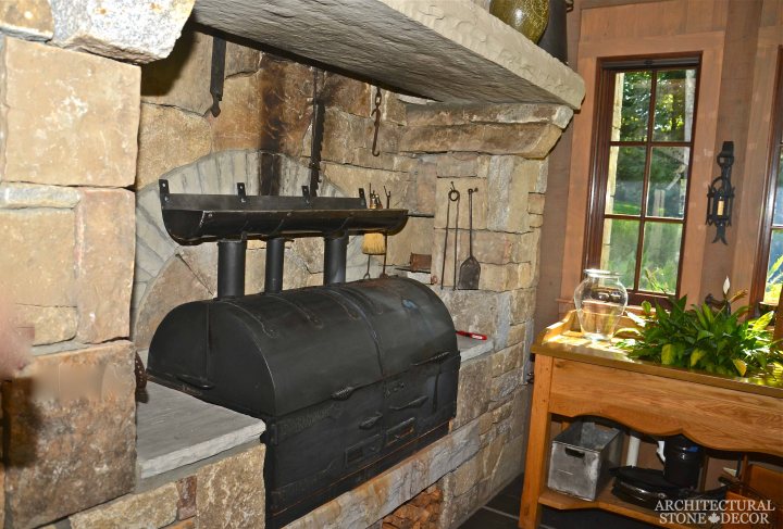 farmhouse kitchen with limestone wall cladding