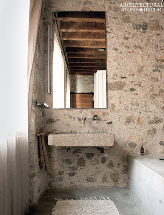 farmhouse bathroom with reclaimed limestone sink