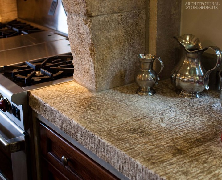 French country kitchen limestone counter slabs