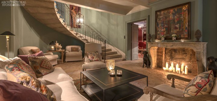 french country style reclaimed limestone fireplace