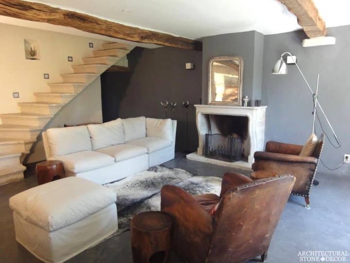 French country style reclaimed limestone fireplace