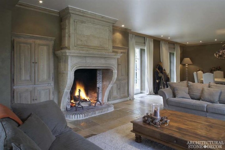 reclaimed limestone mantel fireplace