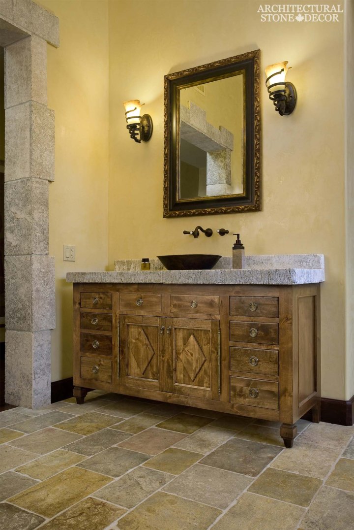 french-country-style-powder-room-sink-reclaimed-butcher-block-counter-top-dalle-de-bourgogne-french-limestone-flooring-canada