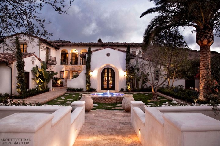 tuscan-style-villa-reclaimed-limestone-flooring-barre-mont-pelier-tuscan-style-limestone-entryway-tuscan-style-limestone-columns-limestone pool-fountain-reclaimed-terra-cotta-jars