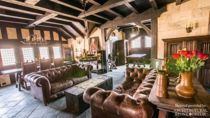 Gothic Medieval rustic living room reclaimed limestone wall cladding wood beams
