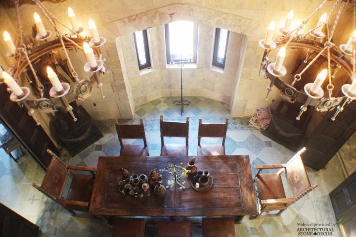 Gothic Medieval dining room castle chande;iers limestone wall cladding flooring rustic wood