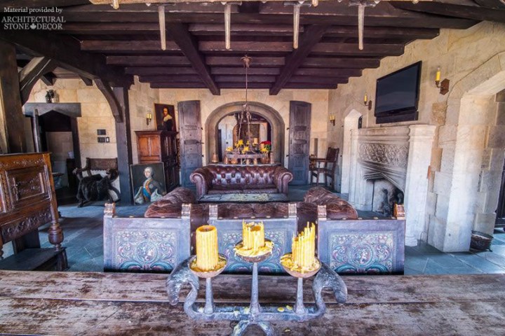 Game of Thrones Medieval Gothic hand carved reclaimed limestone fireplace mantel