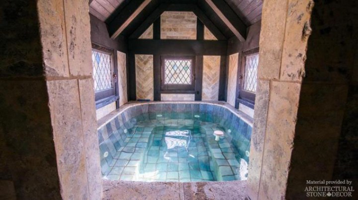 medieval gothic pool jacuzzi relcaimed limestone pool florring coping wall cladding corners