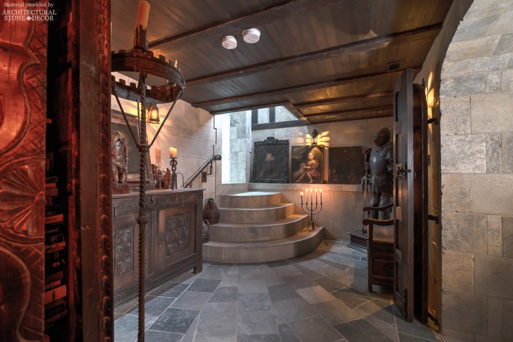Game of Thrones Medieval Gothic reclaimed limestone flooring, wall cladding, rustic armor suit, medieval paintings on the wall