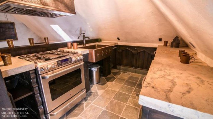reclaimed limestone butcher blocks counter flooring Medieval Style Kitchen