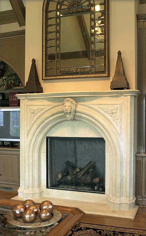 Rustic reclaimed hand carved limestone fireplace mantel lion motif Game of Thrones medieval theme