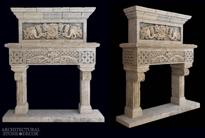 Rustic reclaimed hand carved limestone fireplace overhead mantel dragons motif Game of Thrones medieval and Gothic theme
