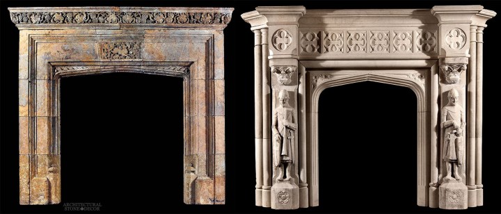 Rustic reclaimed hand carved limestone fireplace mantel stag motif Game of Thrones medieval and Gothic style and theme House of Baratheon knights crosses