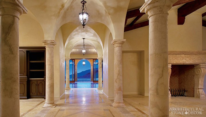 Game of thrones medieval reclaimed hand carved limestone columns and arches hallway