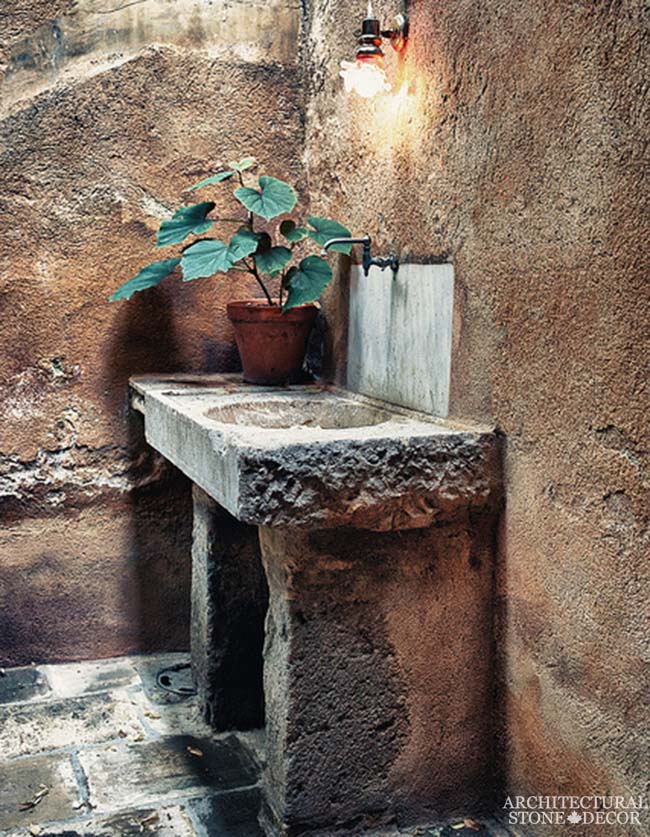 Game of Thrones Medieval Gothic hand carved ancient rutsic reclaimed sink powder room black basalt flooring