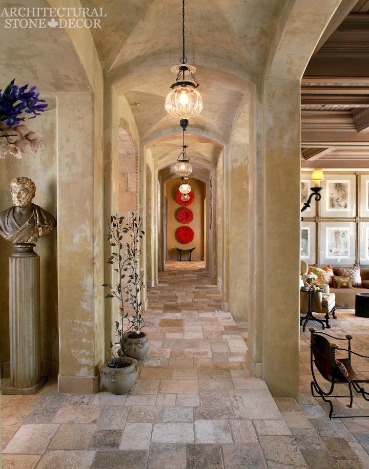 Game of Thrones Medieval Gothic reclaimed 'Dalle de Bourgogne' limestone flooring arches hallway