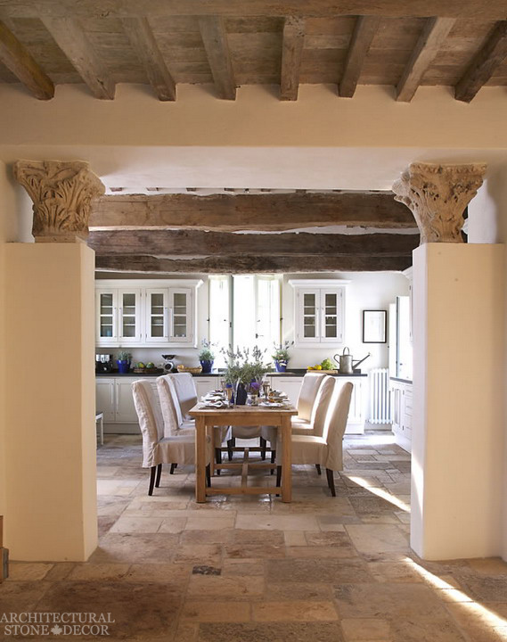 Game of thrones medieval reclaimed hand carved limestone columns exposed old wood beams rustic limestone 'Dalle de Bourgogne' flooring