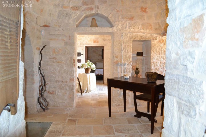 Game of Thrones medieval gothic style handcarved reclaimed limestone 'Dalle de Bourgogne' flooring and Mesozoic wall cladding entryways