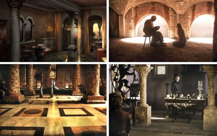 Rustic Ancient reclaimed limestone columns arches game of thrones interior design and architecture in King's Landing