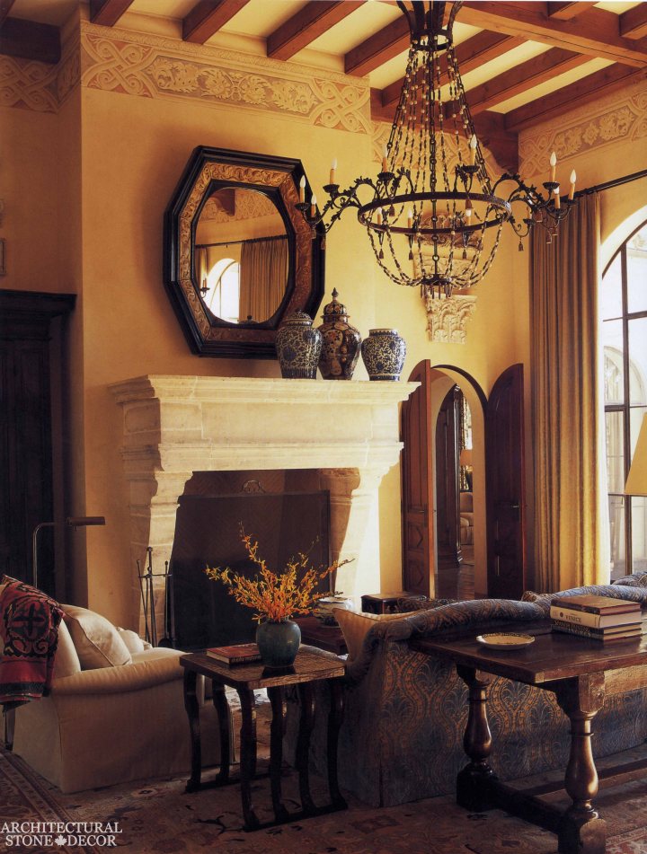 Medieval Gothic Game of Thrones interior style reclaimed ancient rustic hand carved limestone fireplace mantel