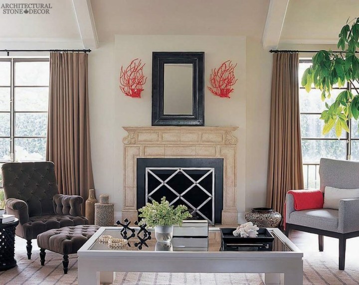 salvaged reclaimed rustic antique Italian limestone natural stone hand carved fireplace mantel canada living room decor