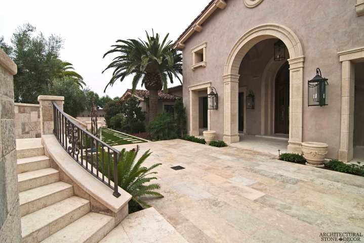 old world villa Barre Blonde reclaimed salvaged antique limestone flooring tiles running bond stair steps entryway planters window sills Canada Toronto Vancouver British Columbia