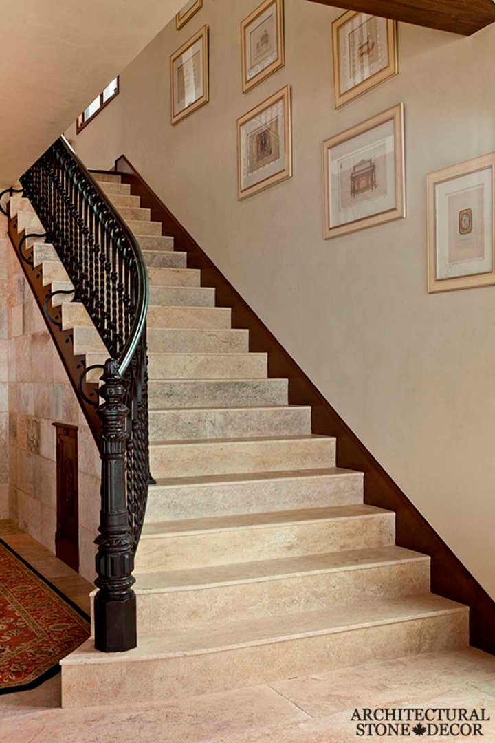 old world villa Barre Blonde reclaimed salvaged antique limestone flooring tiles stair steps Canada Toronto Vancouver British Columbia