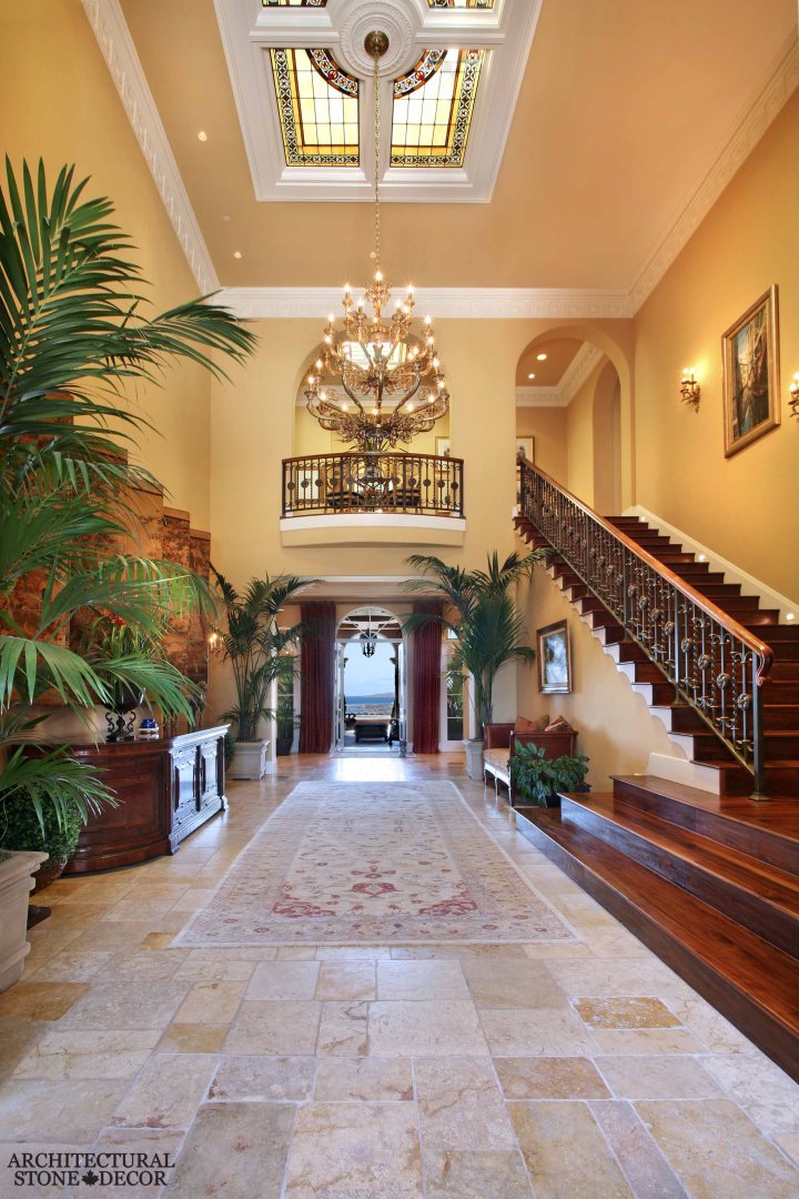 French style Barre Gray reclaimed salvaged antique limestone flooring stone pavers tiles entry hallway Canada
