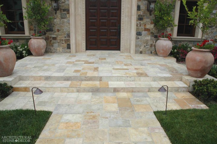 Tuscan style front porch Barre Gray reclaimed salvaged antique limestone flooring stone pavers tiles entryway Terracotta jars window sills Toronto Canada