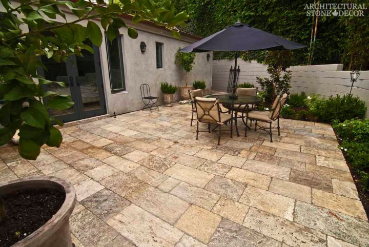 Italian Provincial backyard Barre Montpelier reclaimed salvaged antique limestone flooring stone pavers terrace backyard canada
