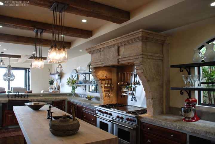 Canada Alberta Toronto Neolithic style hand carved antique limestone kitchen hood butcher block counter tops