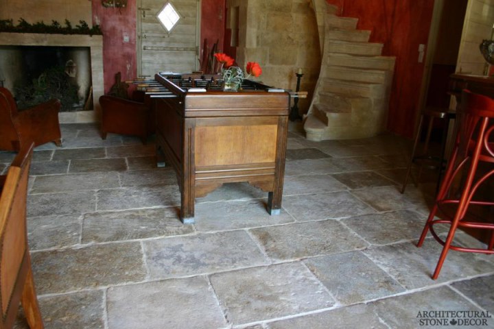 Dalle de Bourgogne reclaimed salvaged antique limestone flooring stone pavers game room canada