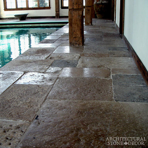 Dalle de Bourgogne reclaimed salvaged antique limestone flooring stone pavers pool house pool coping butcher blocks Toronto BC canada